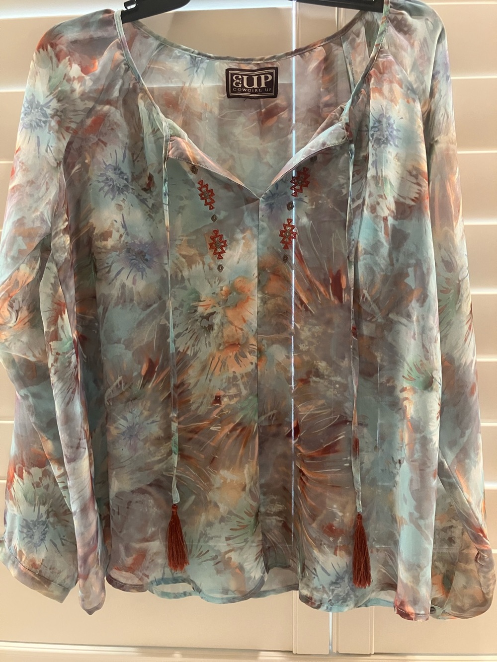 Cowgirl Up Sheer Floral Tie-Neck Blouse in Teal and Rust